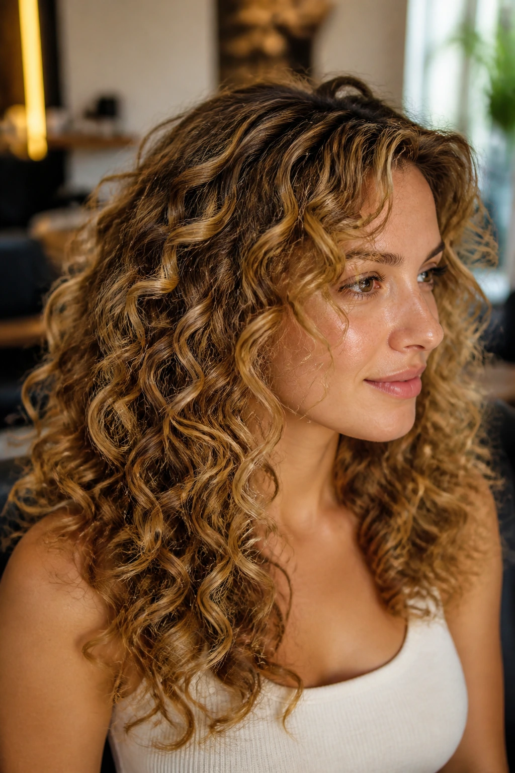 Close-up of a real woman with curls showing honey beige ribbon highlights along the curl pattern