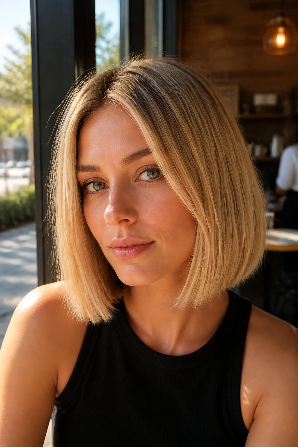 Close-up of a real woman with a honey blonde blunt bob in golden hour light.