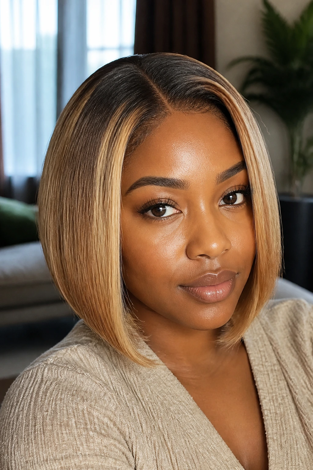 Close-up of a real person with a honey-blonde highlighted bob, warm face-framing pieces.