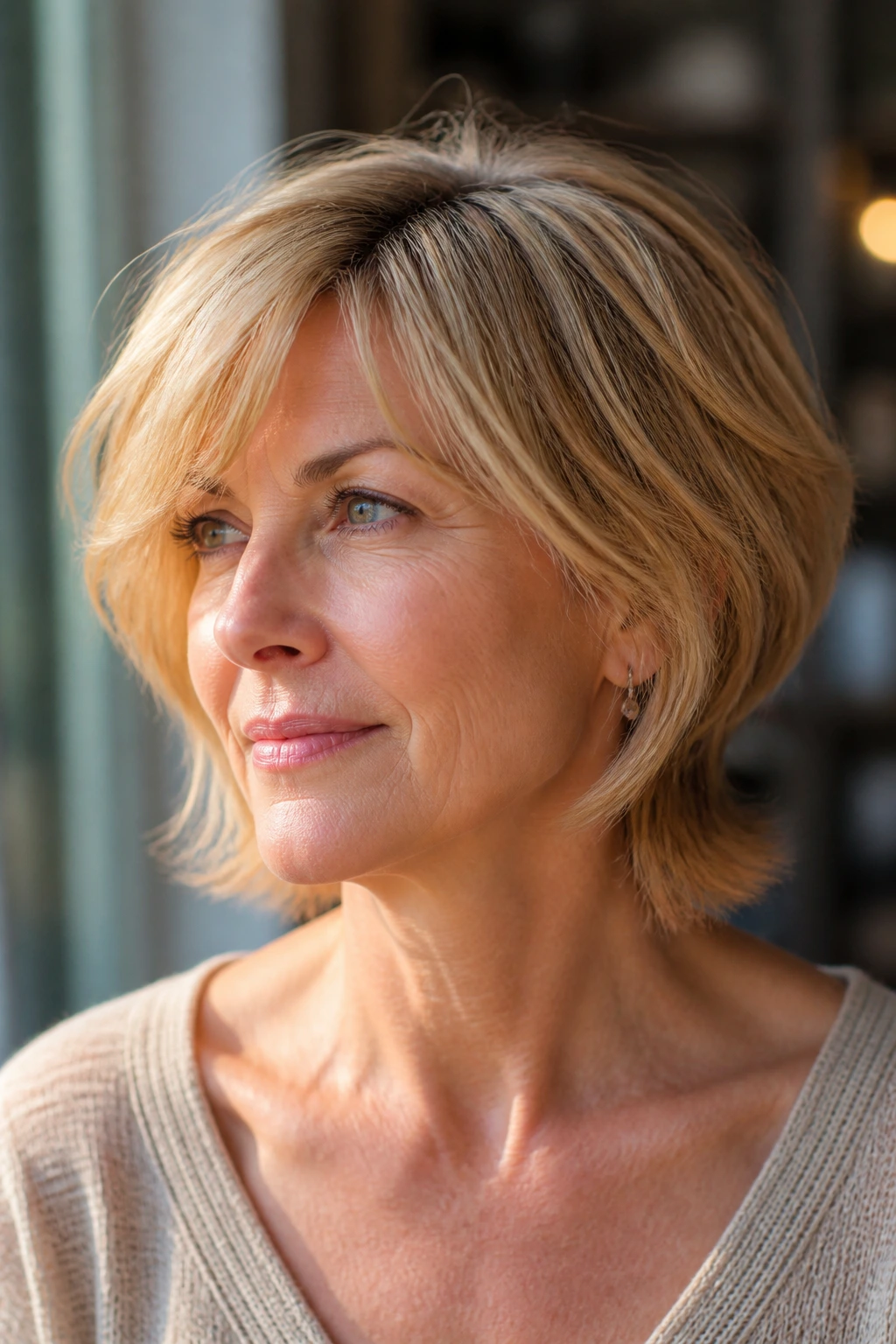 Close-up of a real woman with a sunny honey bob and longer nape pieces.