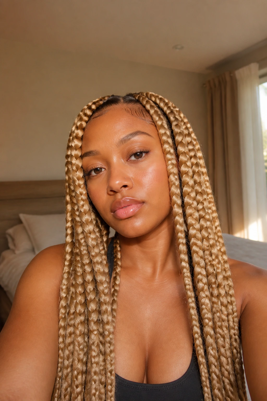 Close-up portrait of a real woman with honey-blonde jumbo braids