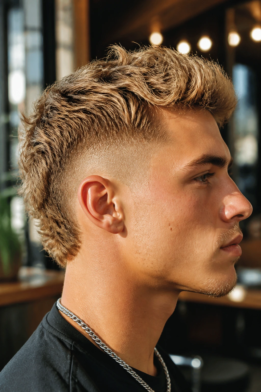Profile view of a real person with honey blonde burst fade and curved fade behind the ear
