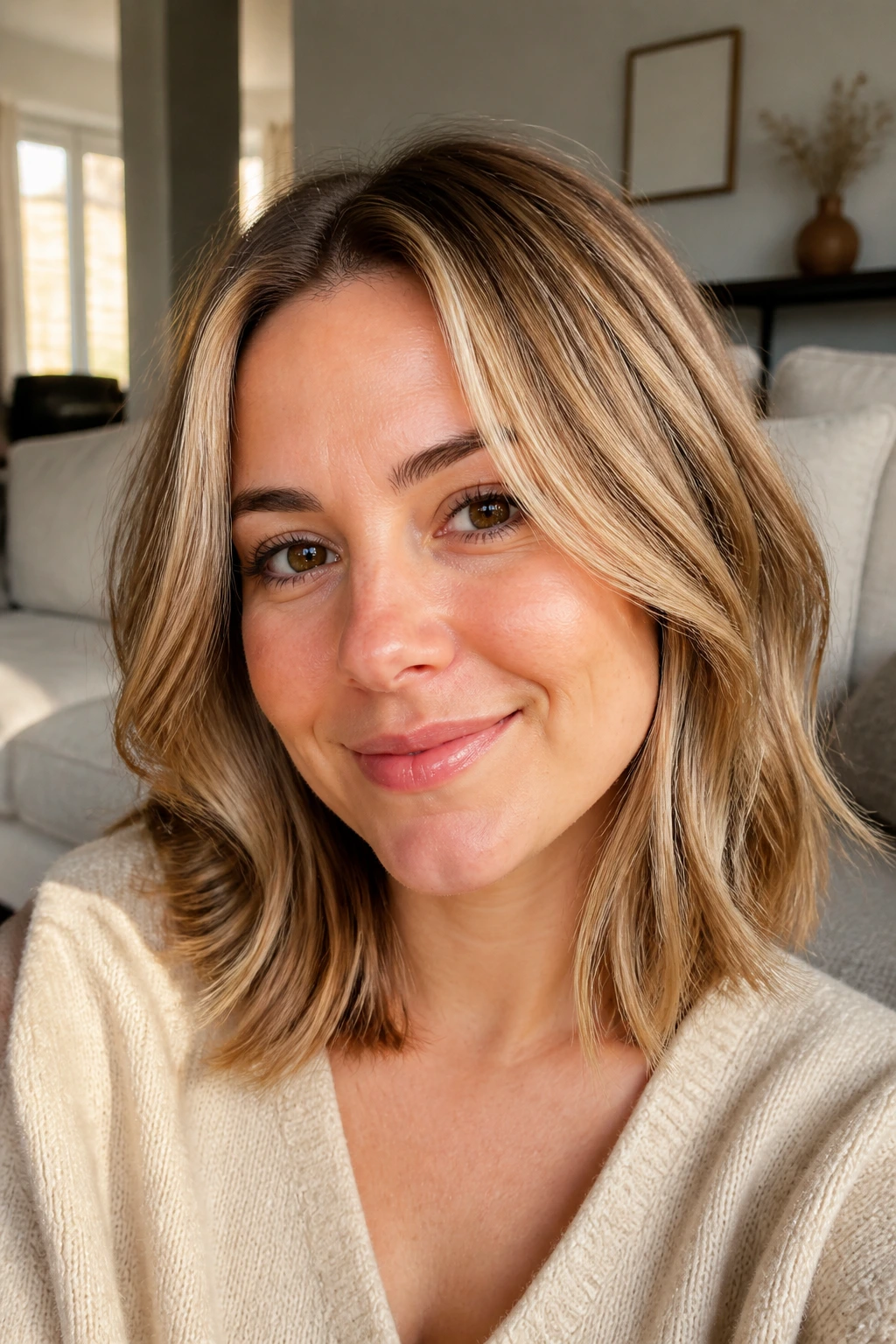 Close-up portrait of a real woman with honey blonde hair and caramel lowlights.