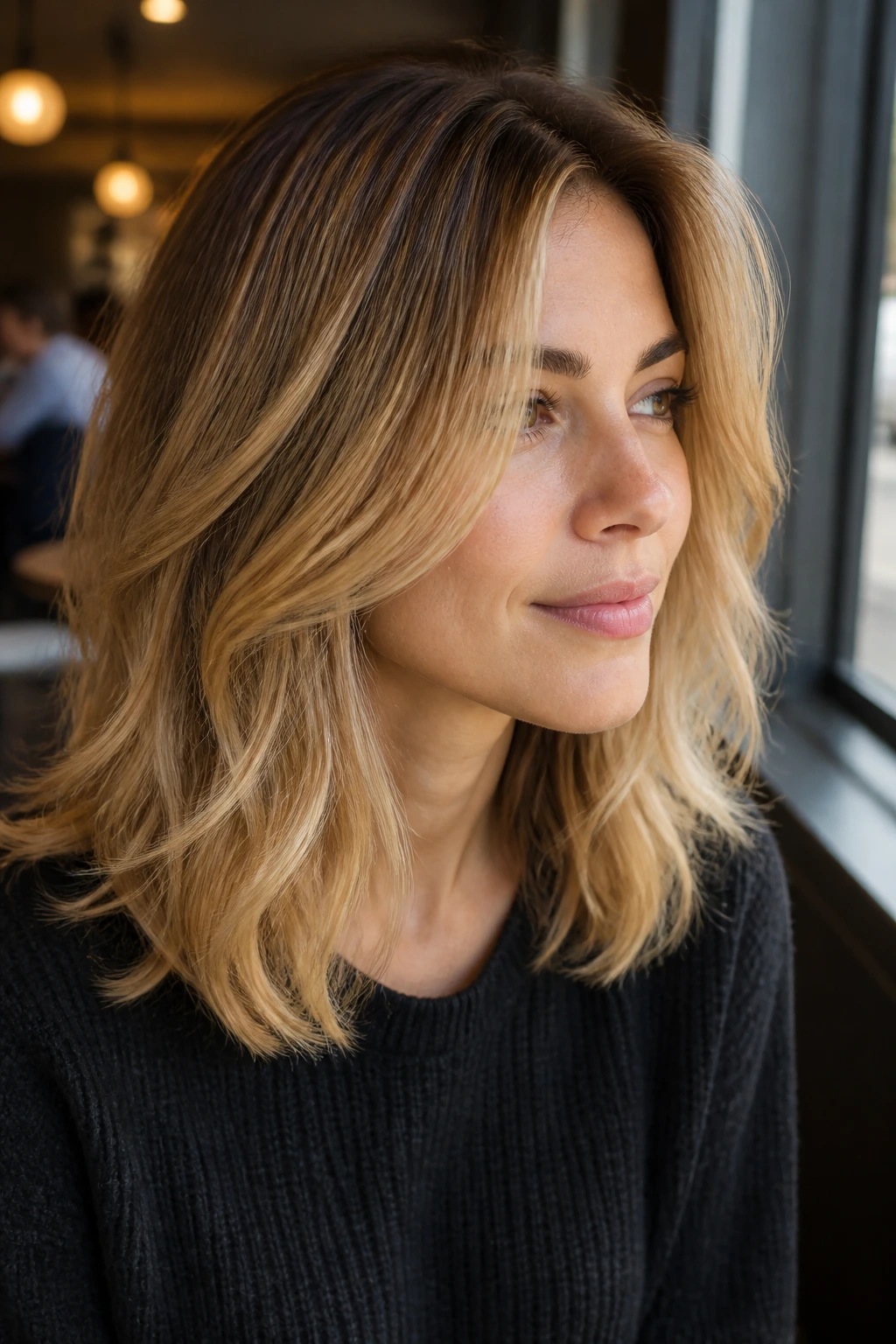 Close-up of a woman with honey blonde layers and caramel shadow root