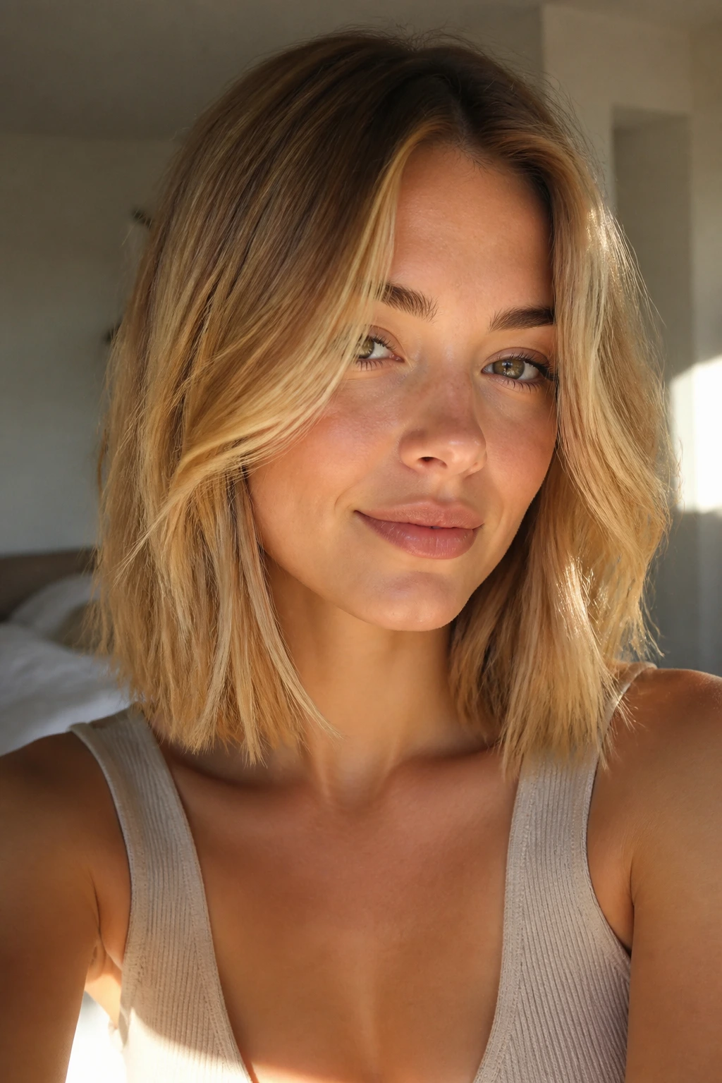 Close-up of a woman with honey-blonde collarbone-length hair in warm natural light