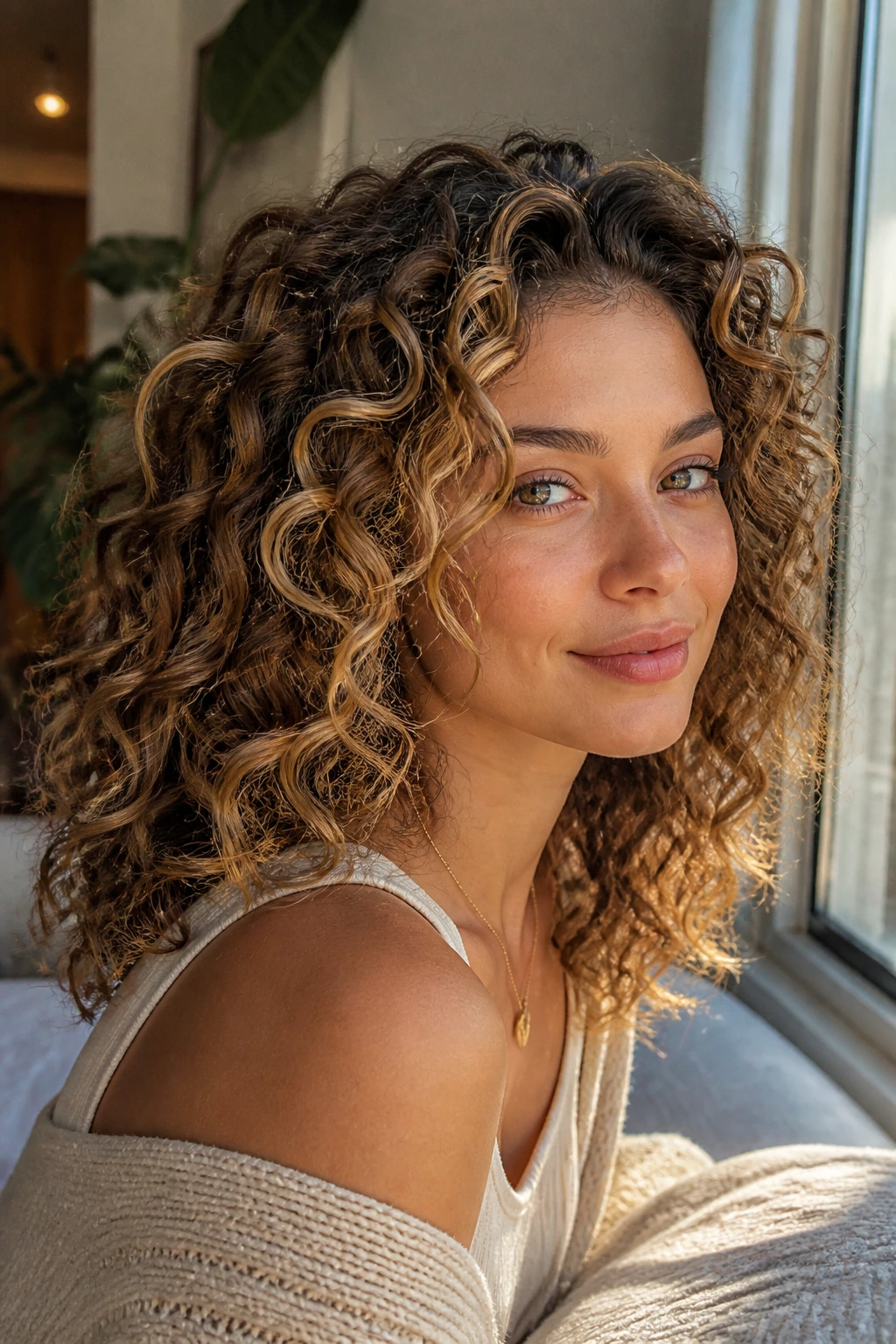 Honey blonde poplights on curly hair catching light