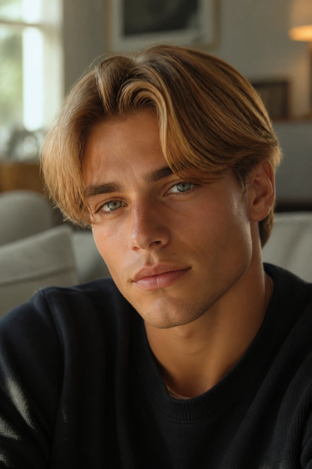 Close-up of a real person with honey blonde curtains hairstyle in warm light