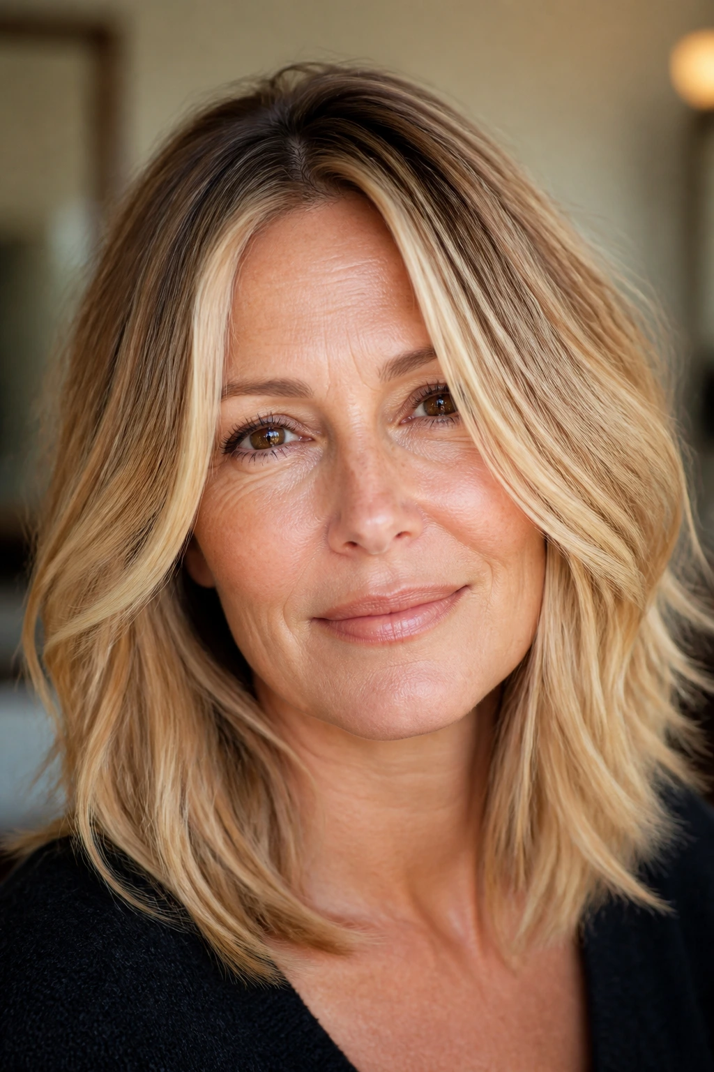 Honey blonde hair with face-framing pieces on a real woman