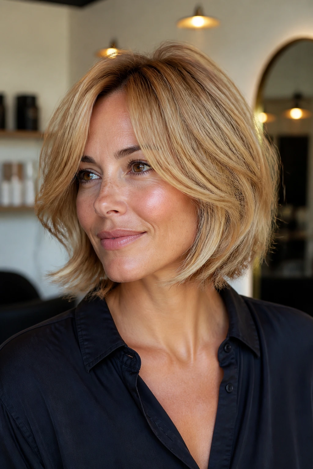Portrait of a woman with honey blonde feathered bob.
