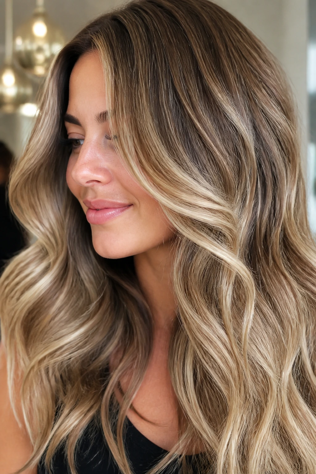 Thick hair with honey blonde foilayage on a real person