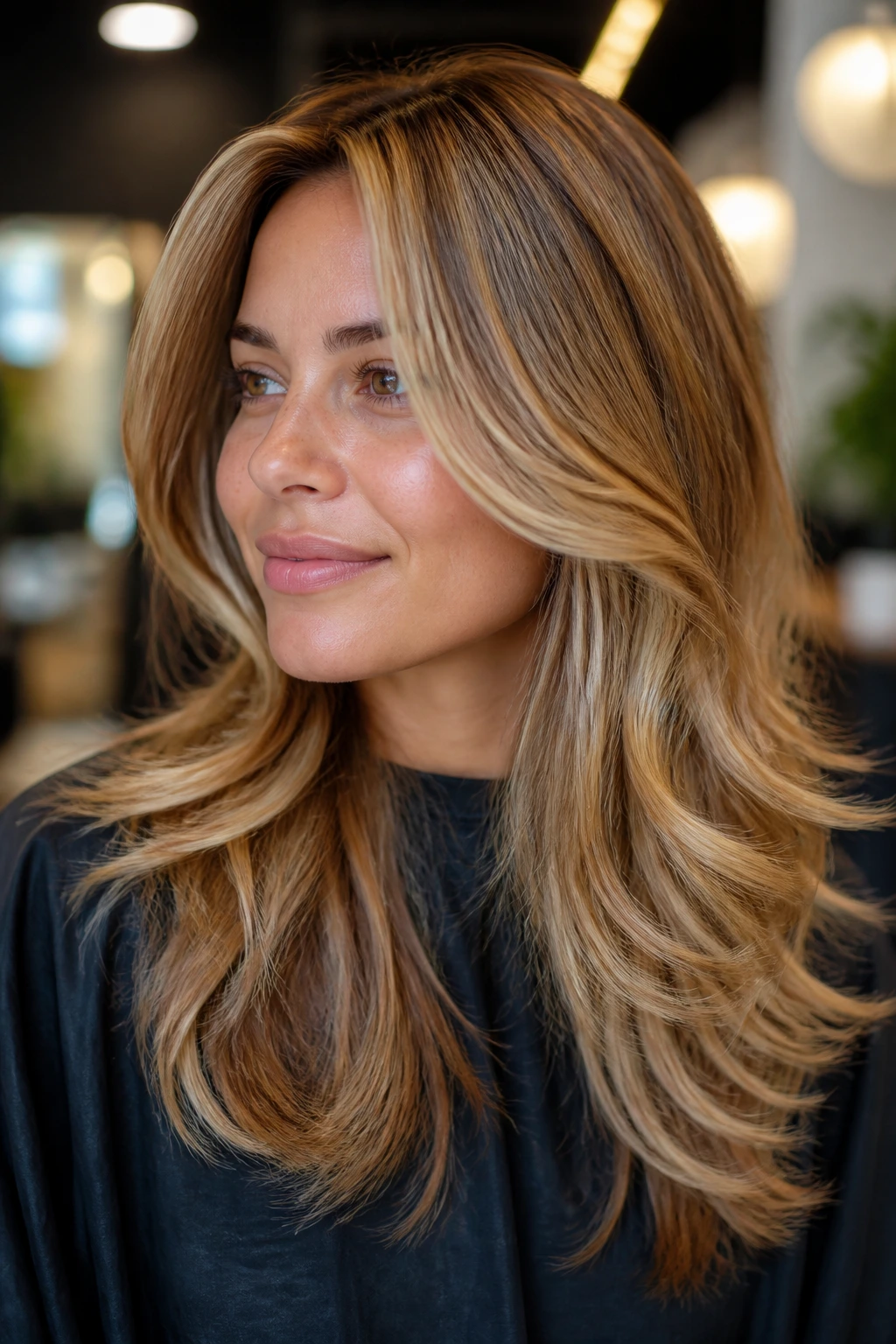 Portrait of a real woman with glossed honey blonde layered hair