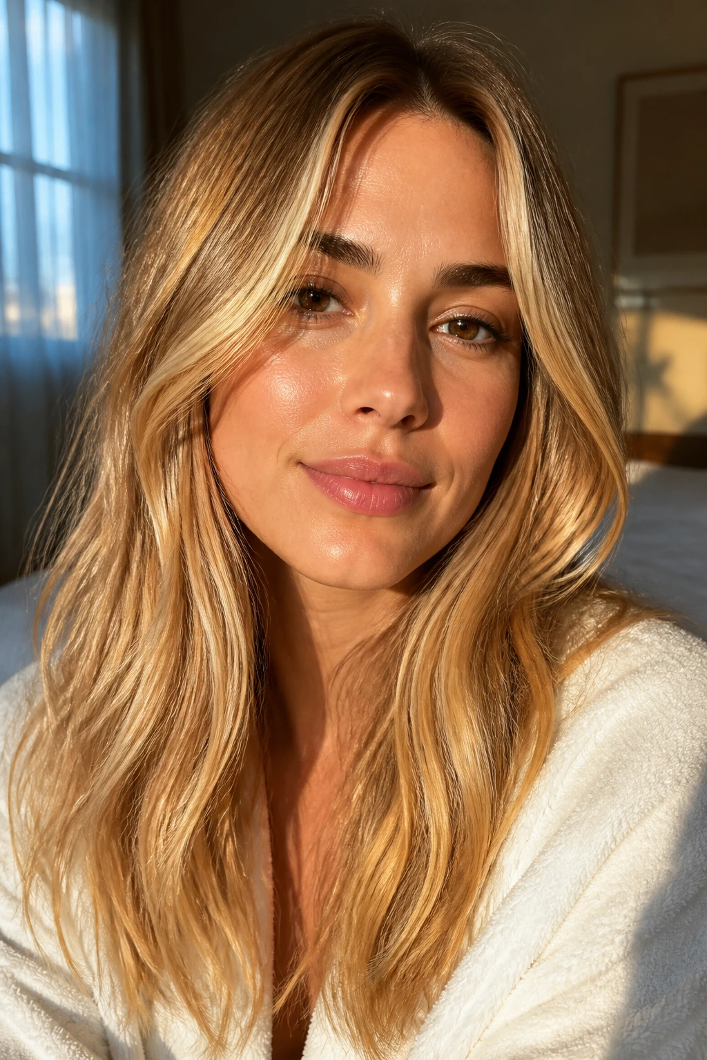 Close-up portrait of a real woman with honey blonde hair in warm natural light