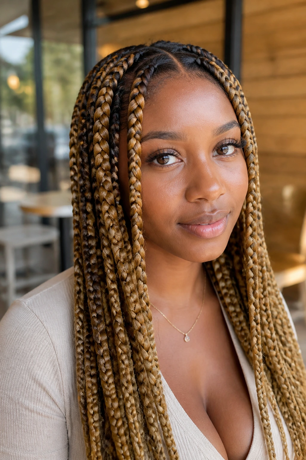 Close-up of a real woman with honey-blonde face-frame jumbo box braids