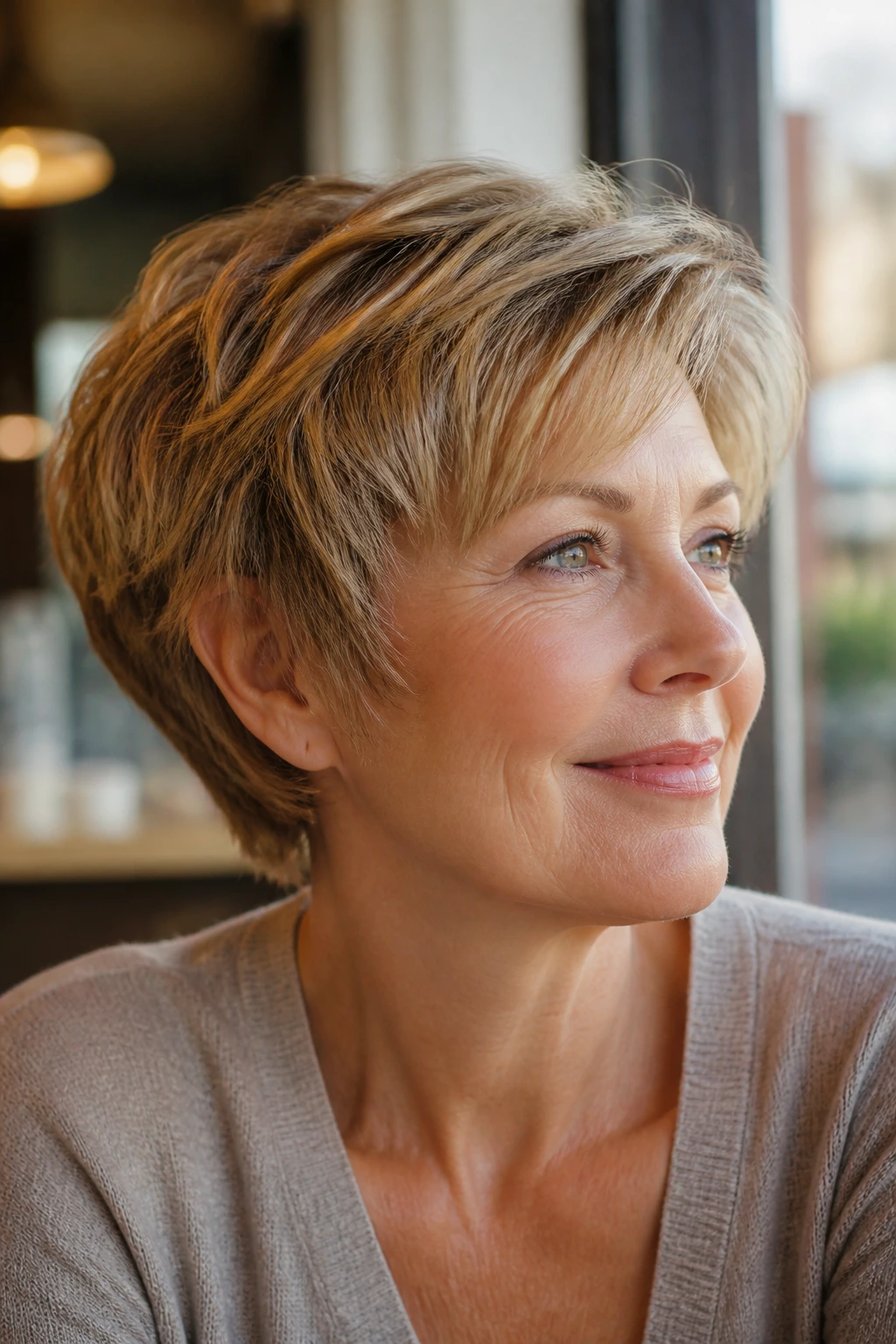 Close-up portrait of a woman with honey-blonde layered crop and feathered ends