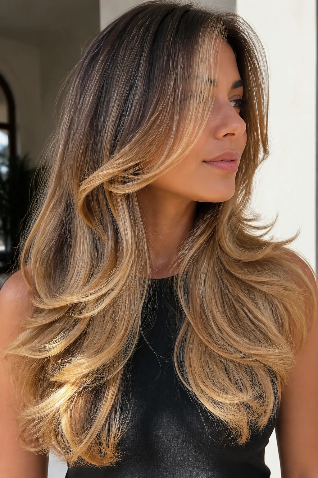 Long layered hair with honey blonde woven through the ends
