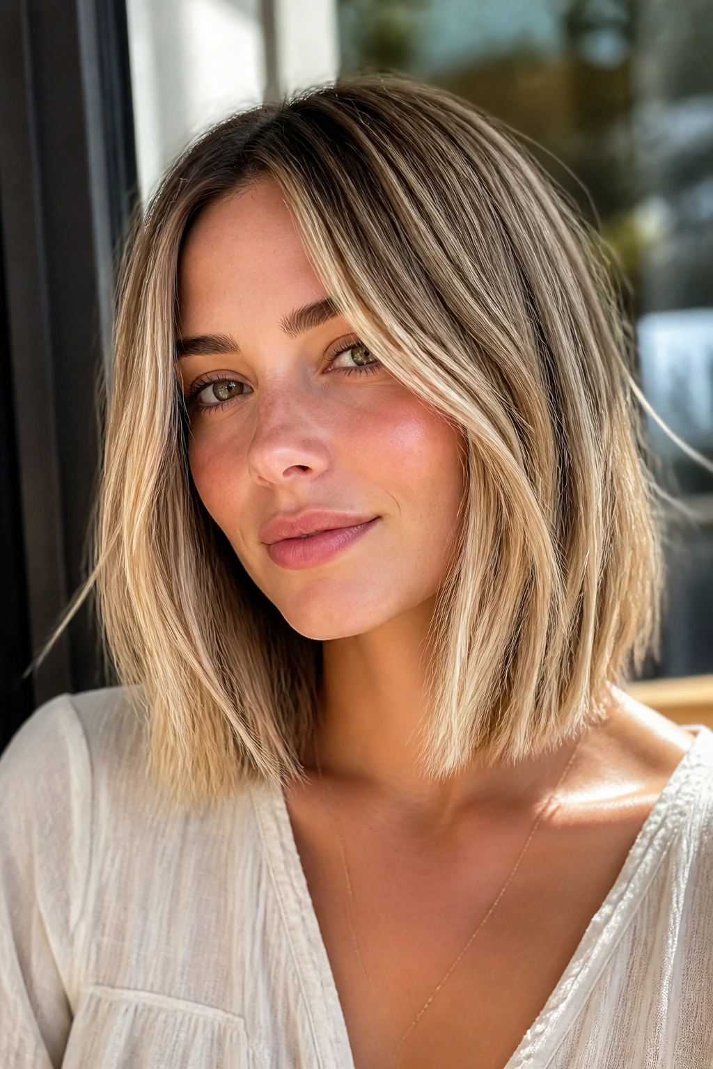 Close-up of a real person with a honey blonde lob that frames the face.