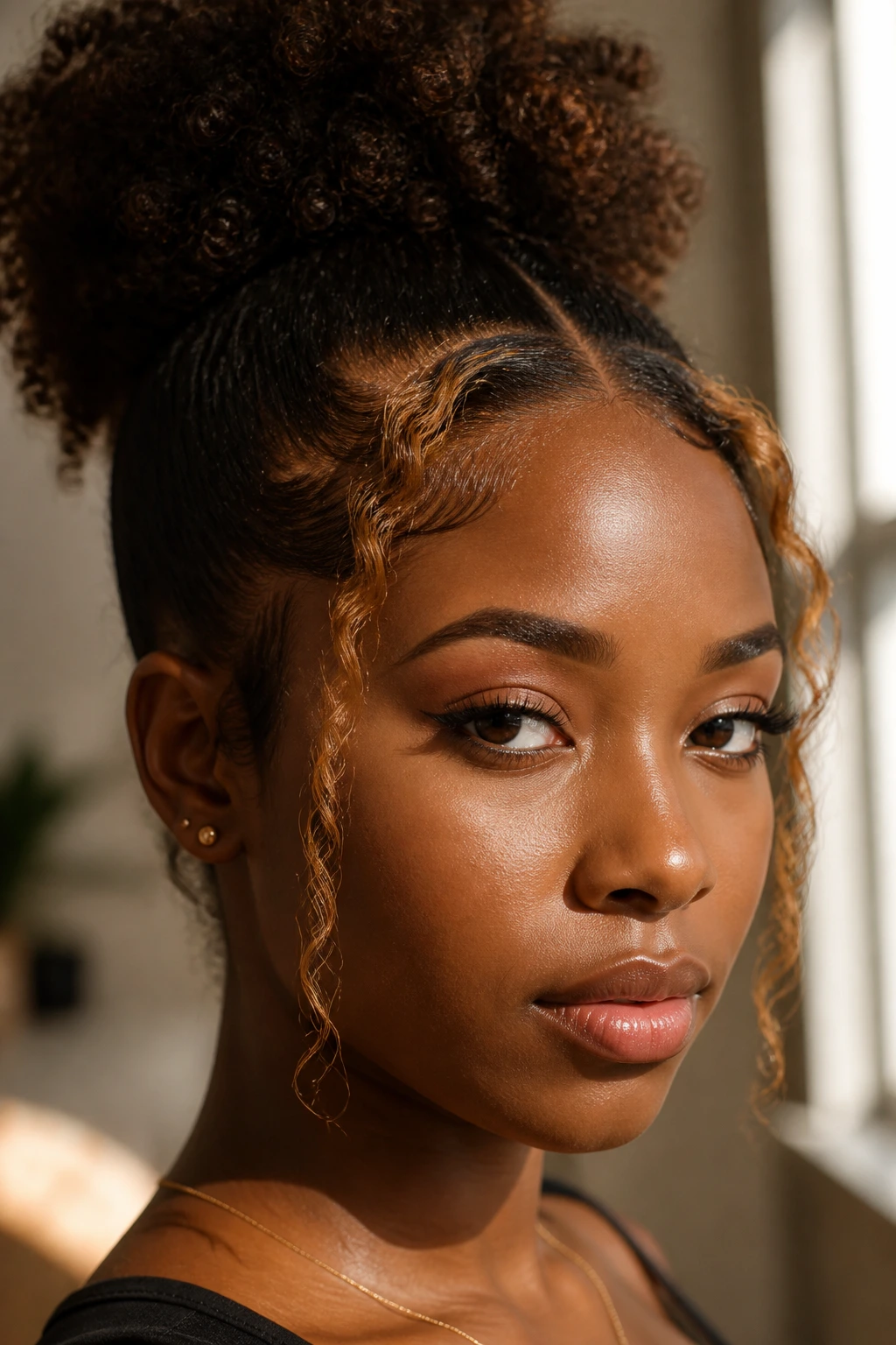 Close-up portrait of a Black woman with honey-blonde money pieces framing the hairline.
