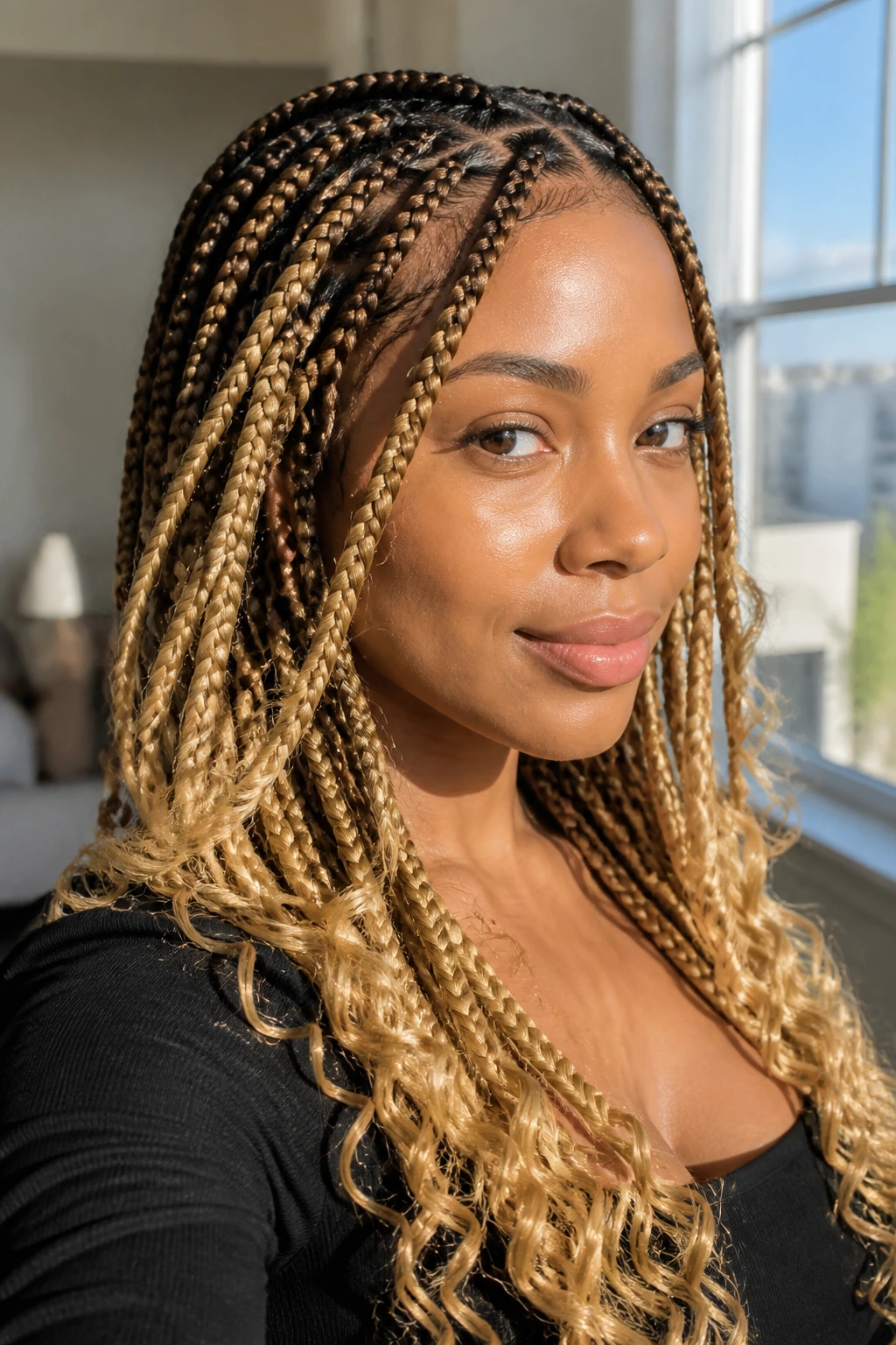 Close-up of a woman with honey-blonde ombré box braids and curling ends, warm window light