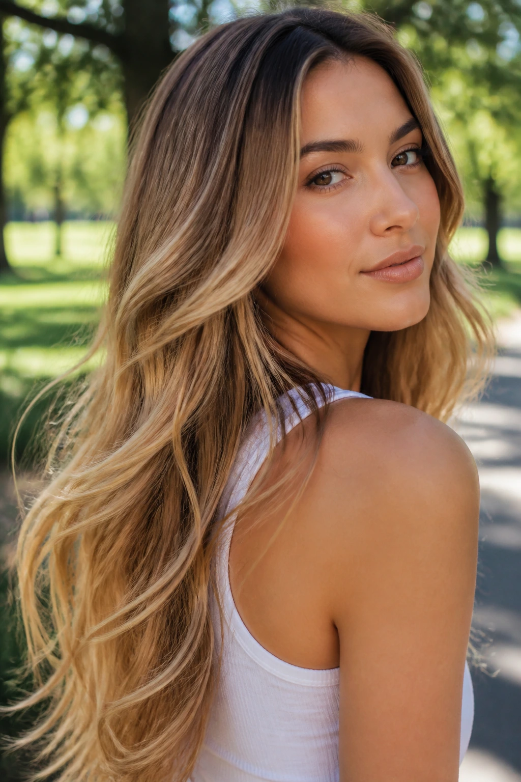 Close-up of a real woman with honey blonde ombre on long hair