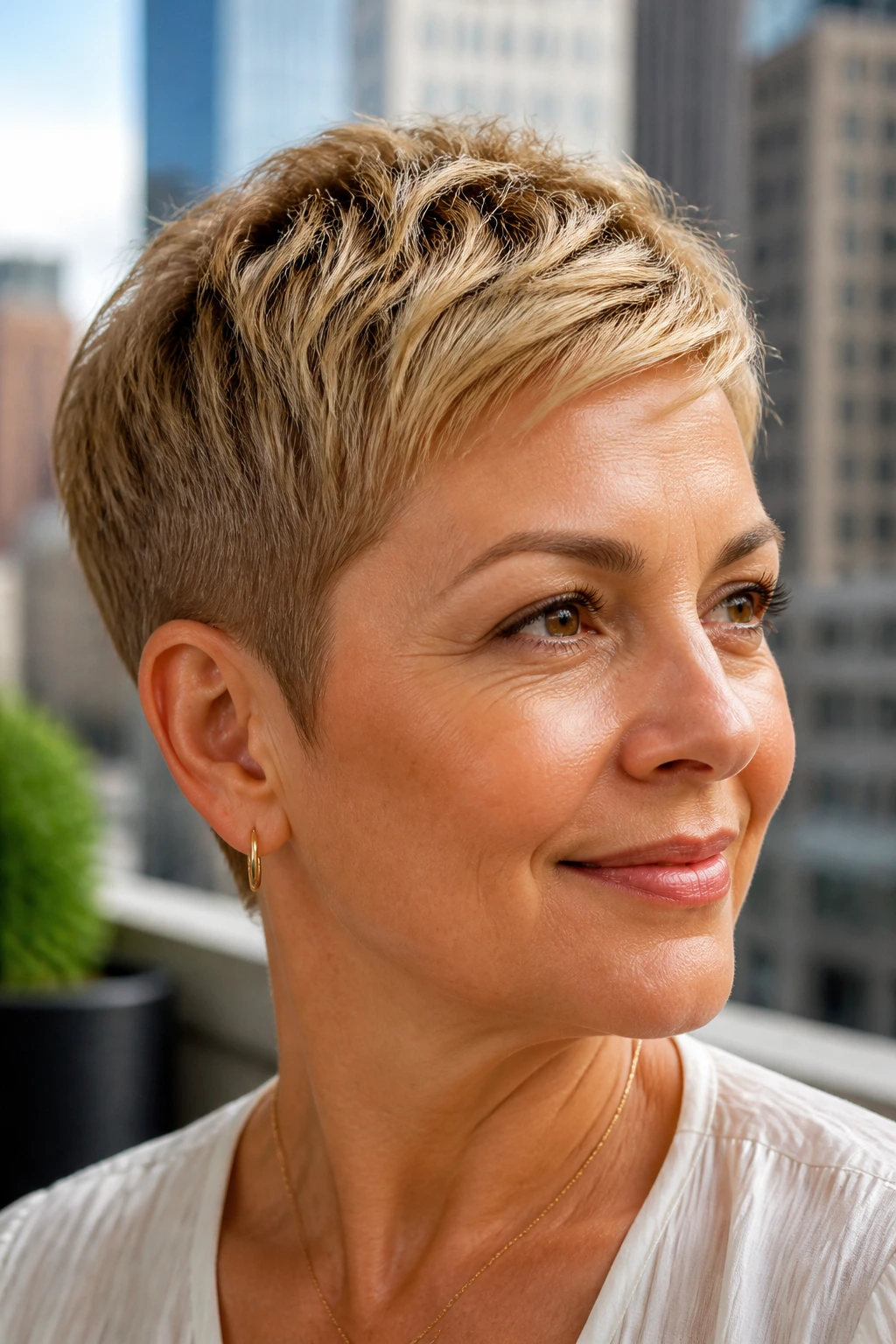 Close-up of a real woman with honey blonde pixie and tapered sides