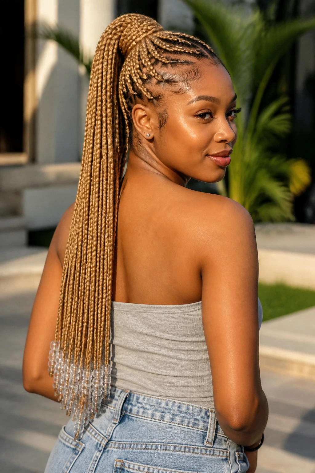 Real woman with a high honey-blonde ponytail and clear beads decorating the tail