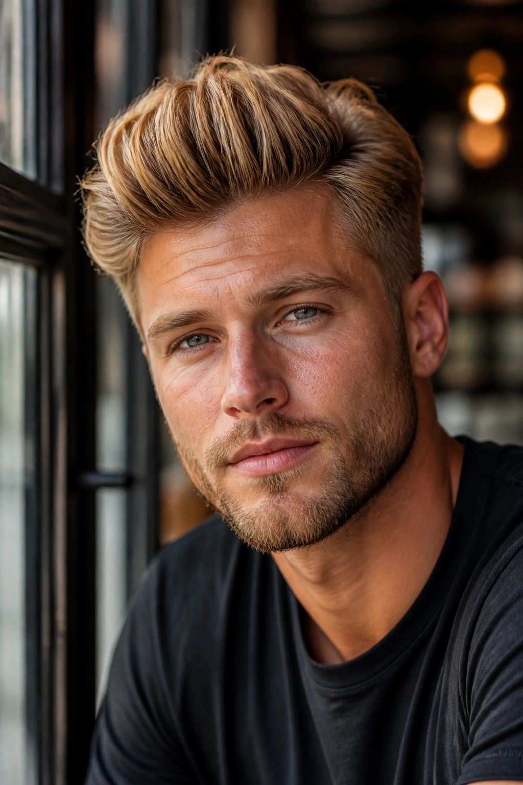 Close-up of a man with a honey blonde quiff and warm tone