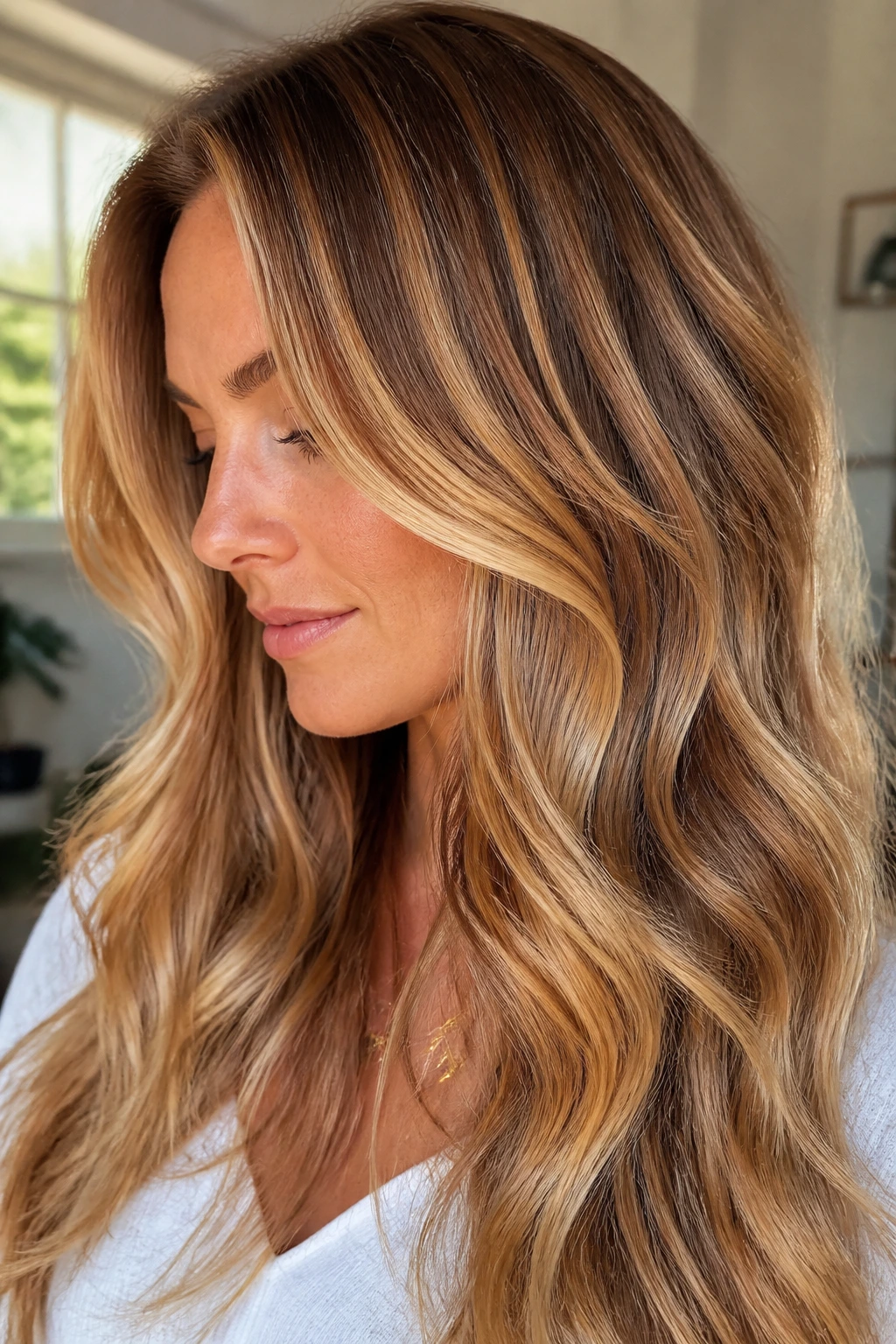 Hair with honey blonde ribbon highlights woven through long waves