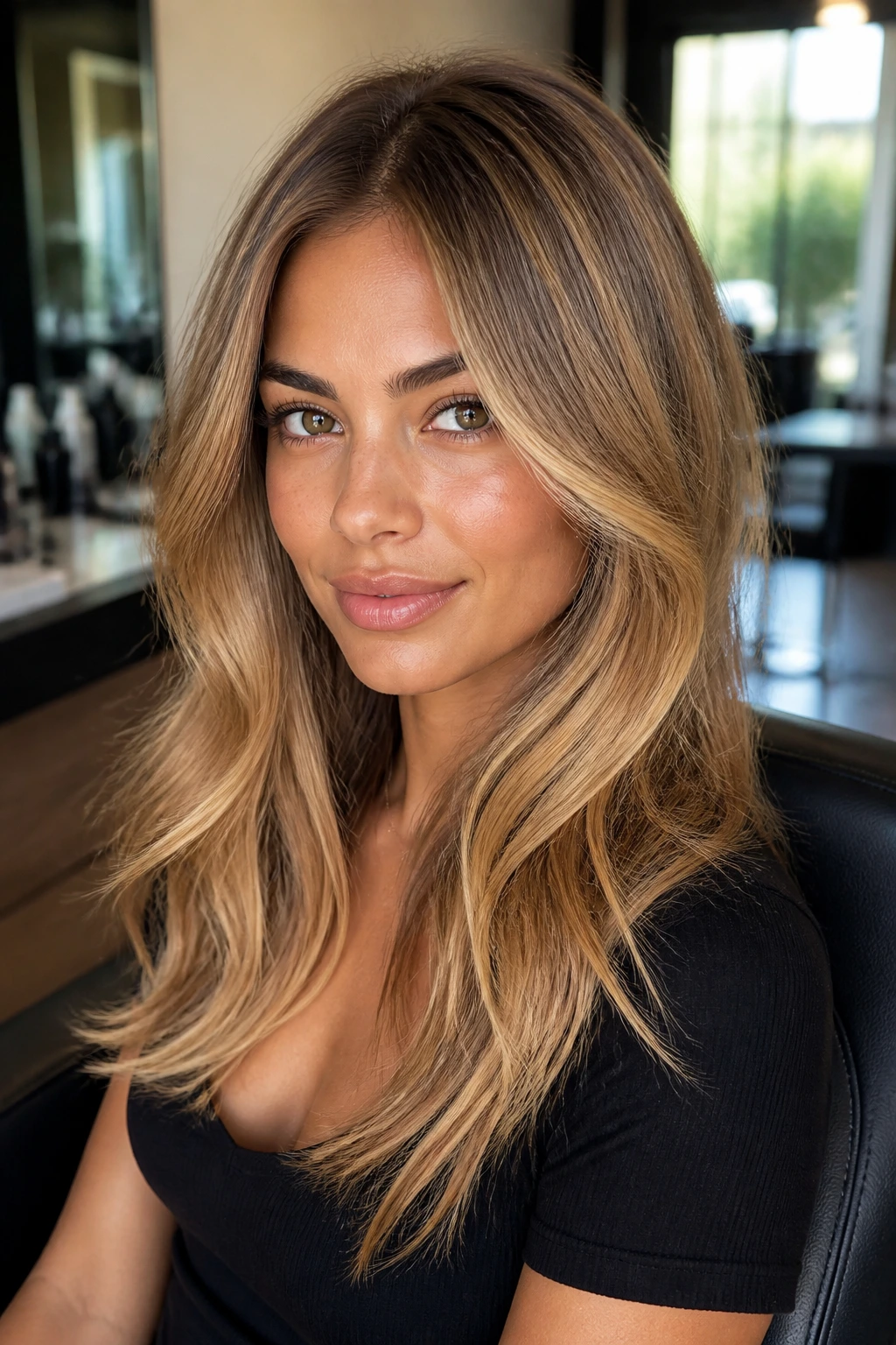 Olive-skinned person with honey blonde hair and a soft root shadow