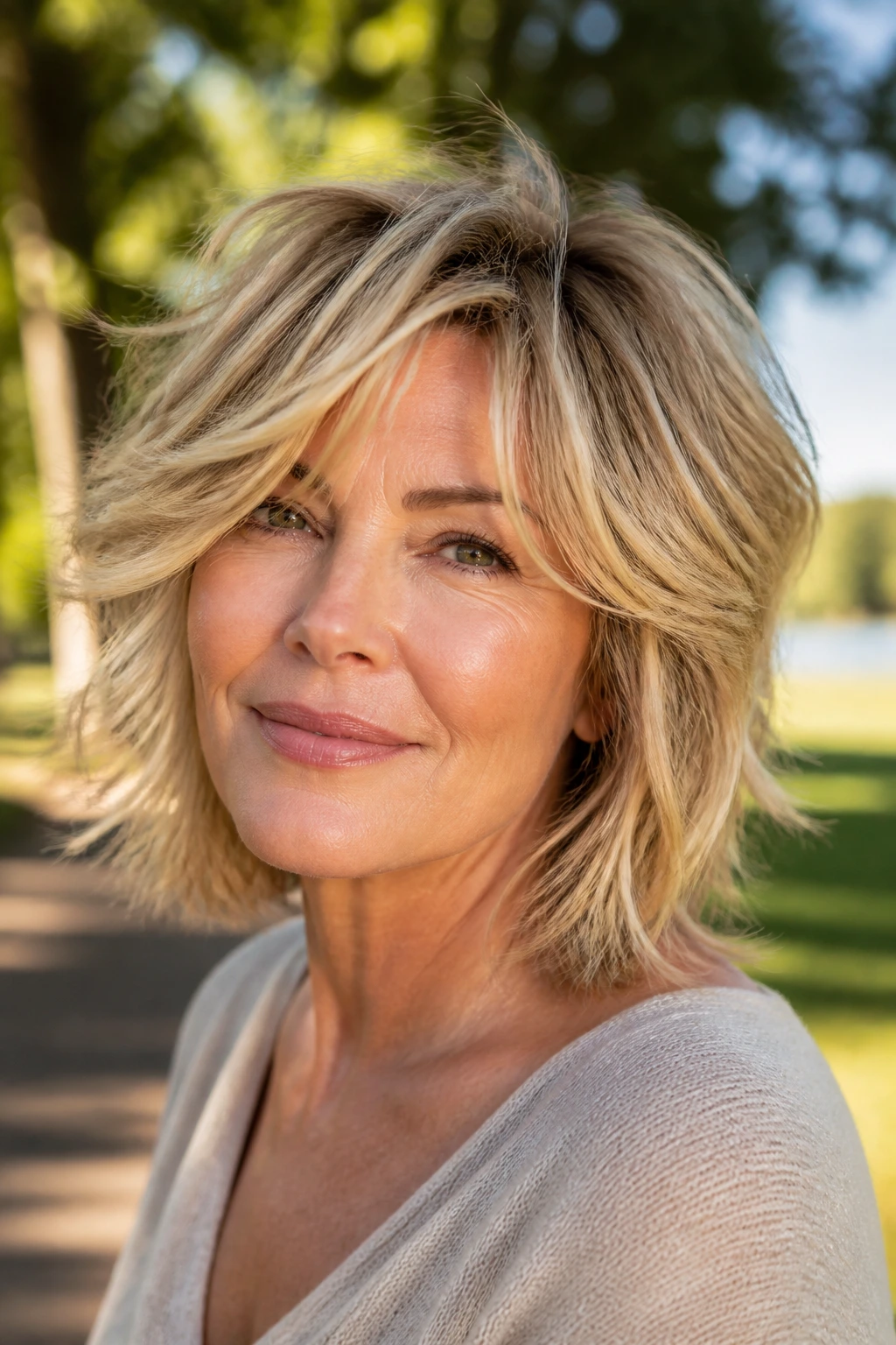 Real woman with soft honey shag bob and feathered ends in golden hour outdoor light