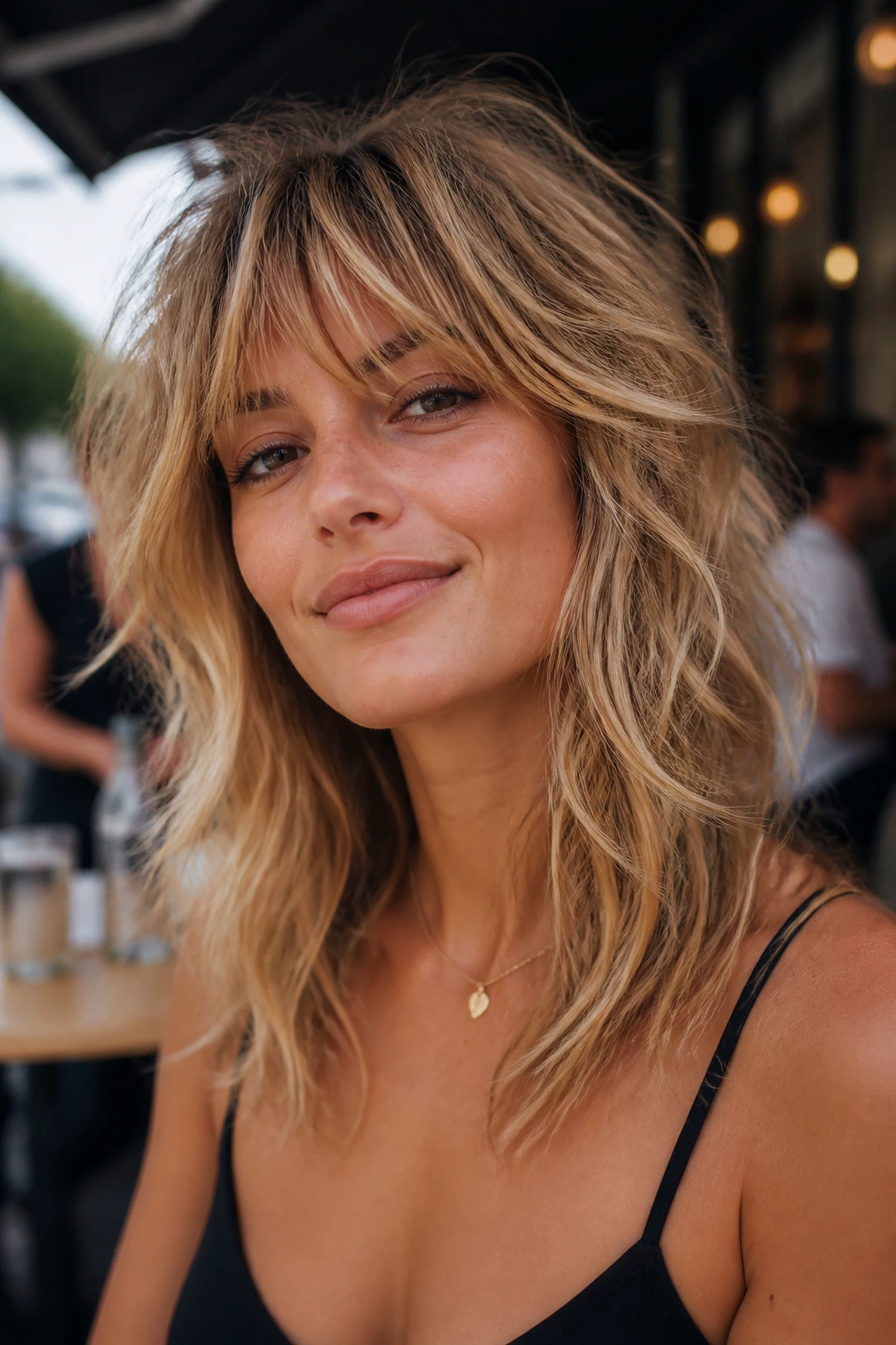 Real woman with honey blonde shaggy textured hair outdoors
