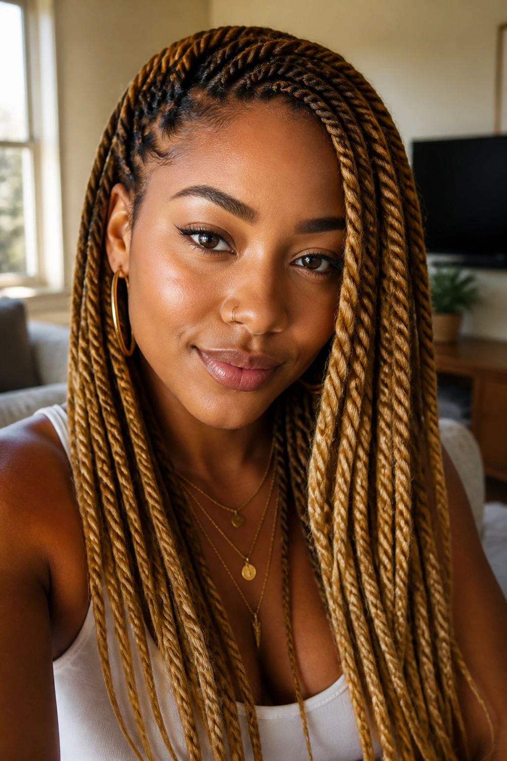 Close-up portrait of a woman with honey blonde Senegalese twists framing her face.