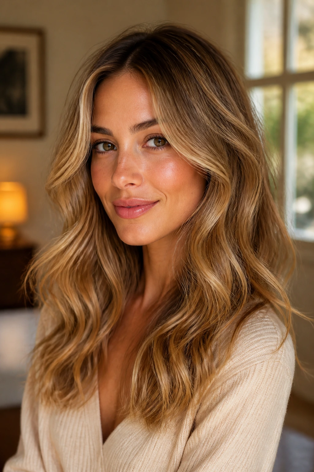 Portrait of a honey-blonde hairstyle with beige-gold ribbons for variation.