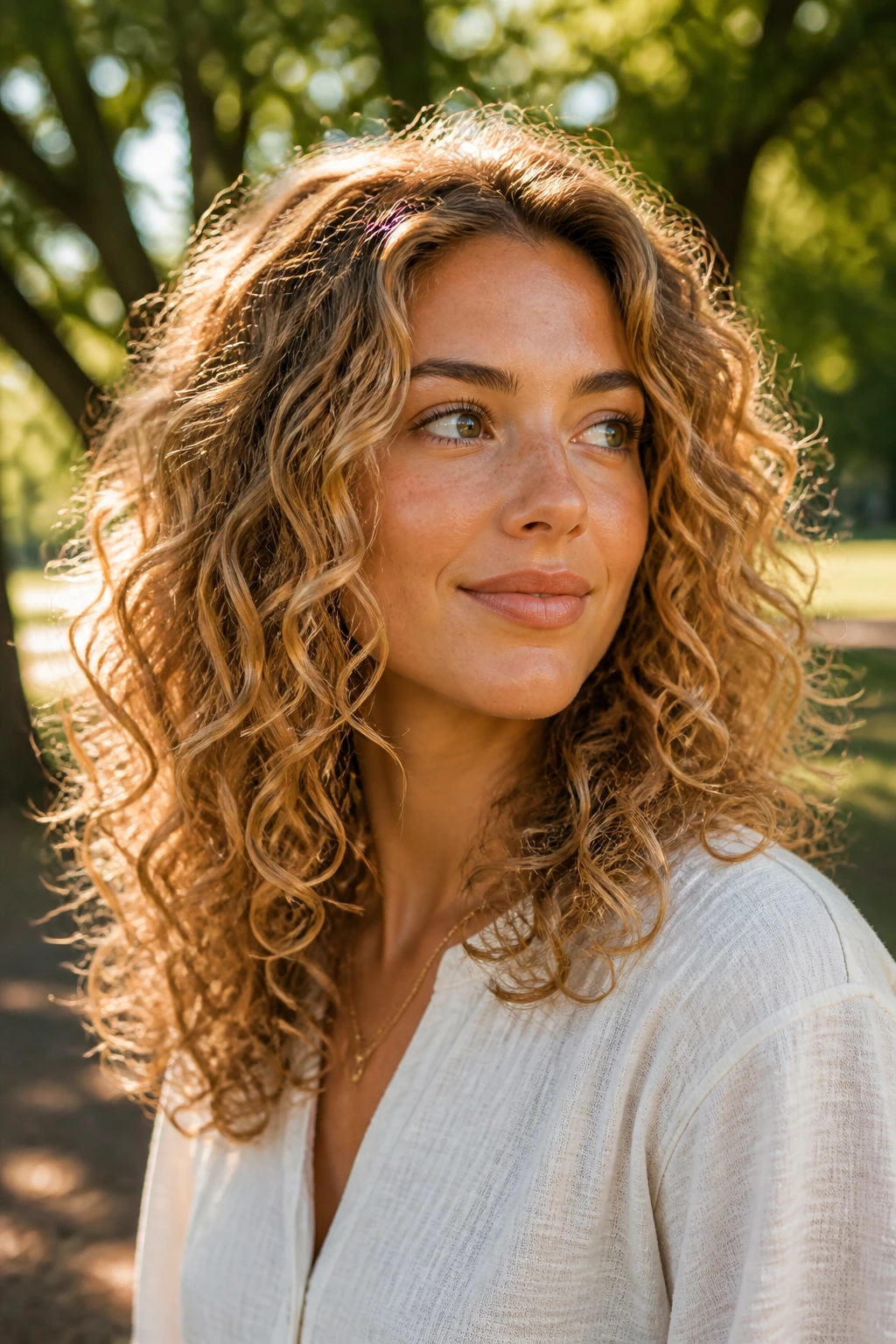 Portrait of a woman with warm honey blonde curls in golden hour outdoor light