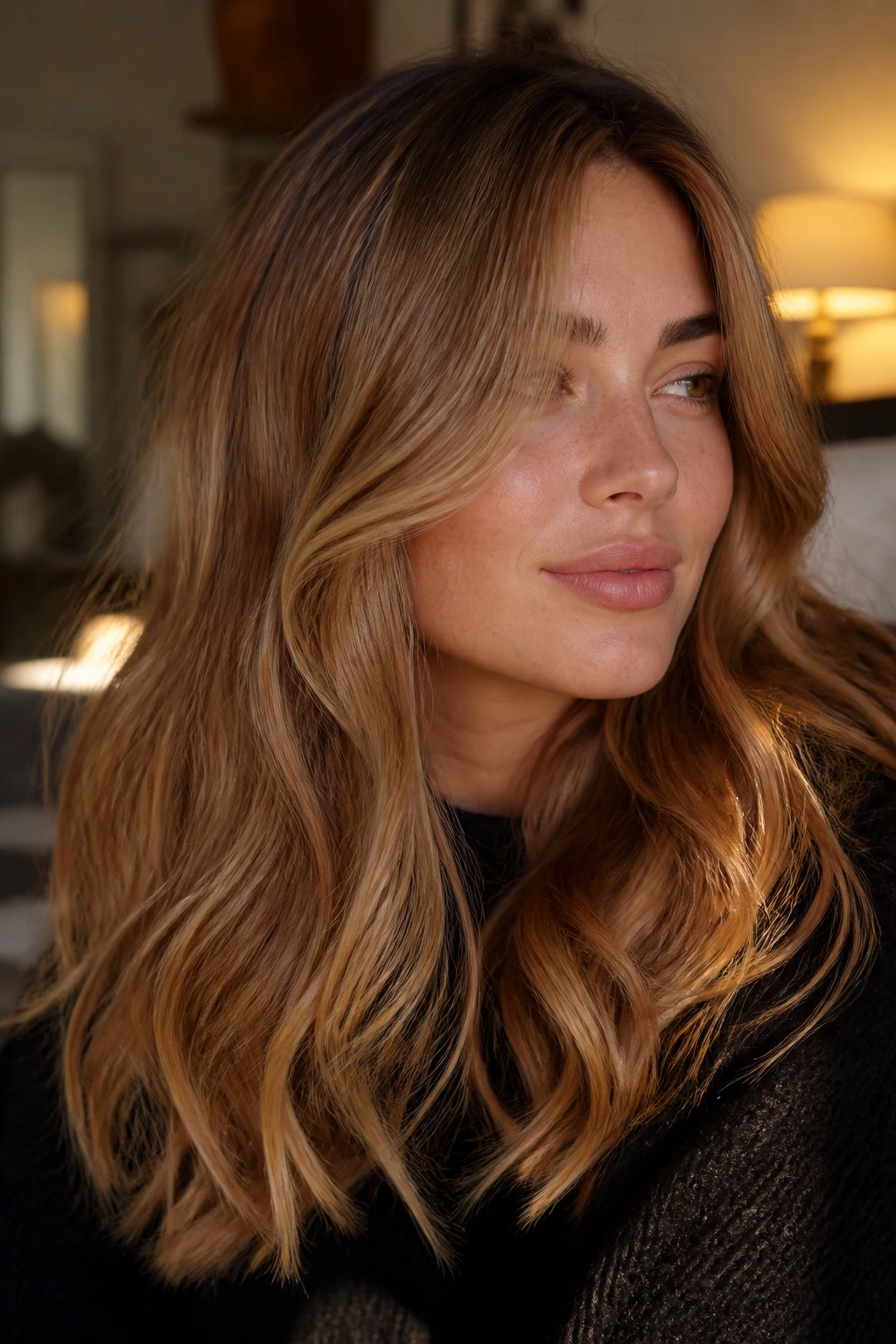 Close-up of a real woman with mulled honey blonde hair