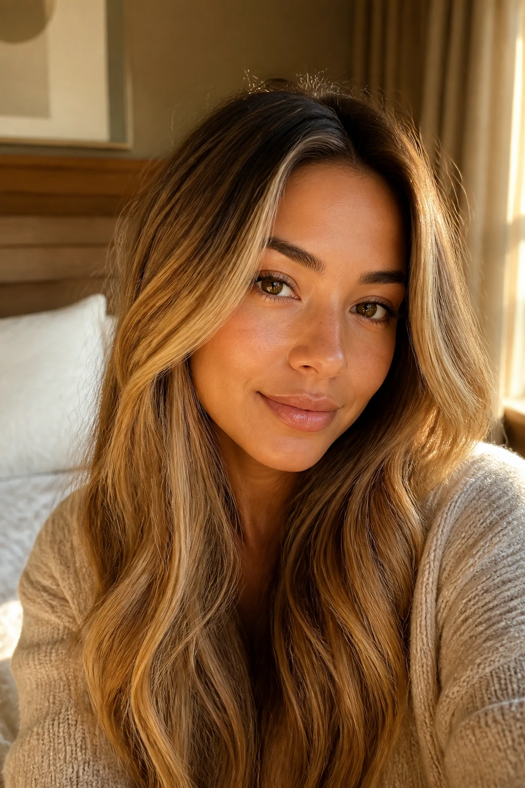 Close-up portrait of a woman with honey blonde hair in warm window light highlighting warm skin tones