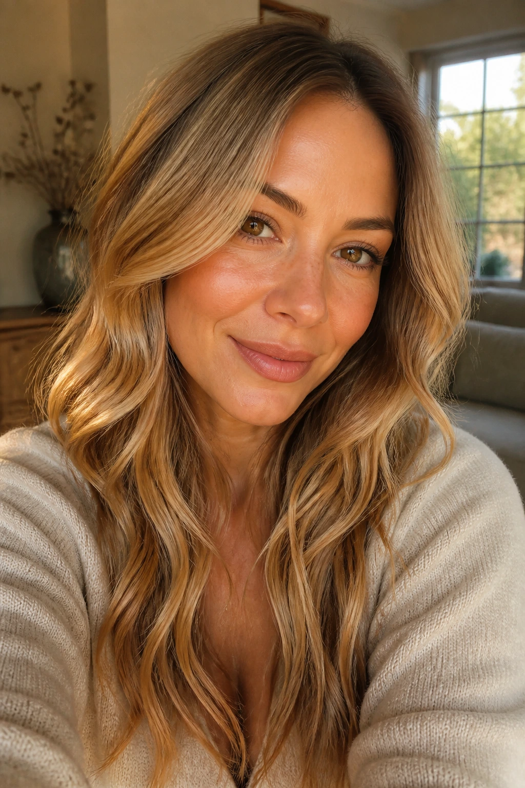 Portrait showing honey blonde hair flattering warm skin tones