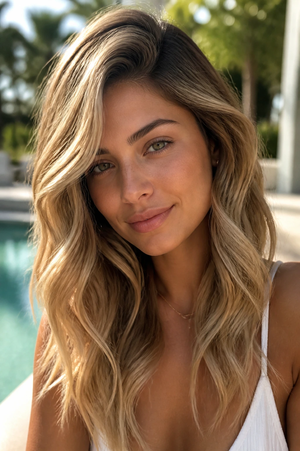 Close-up of a real woman with honey blonde waves and a deep side part in warm light