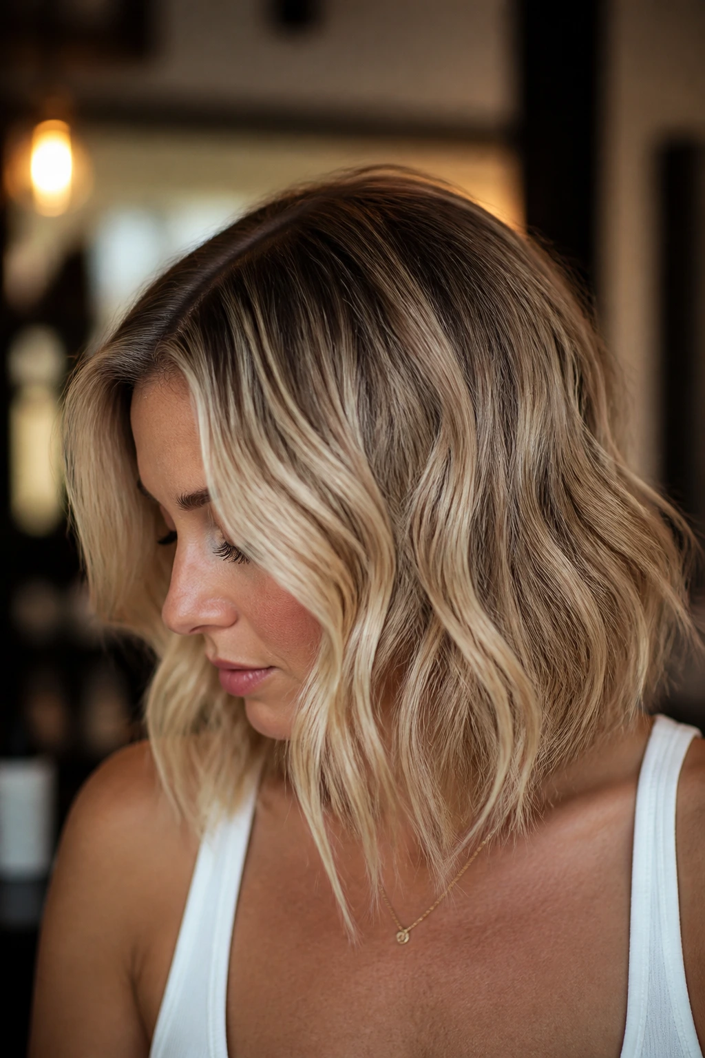 Portrait of a woman with honey blonde wavy lob and shadowed crown