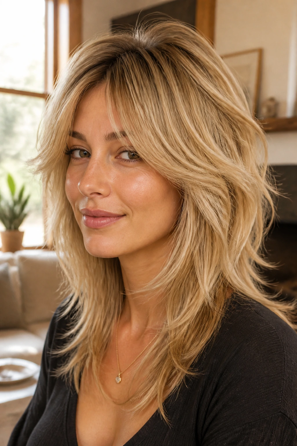 Close-up portrait of a real woman with a honey-blonde wolf cut and soft winged layers, warm window light in a cozy room.