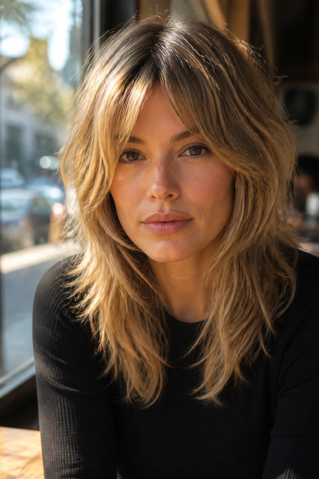 Close-up portrait of a real woman with honey blonde midsize wolf cut.