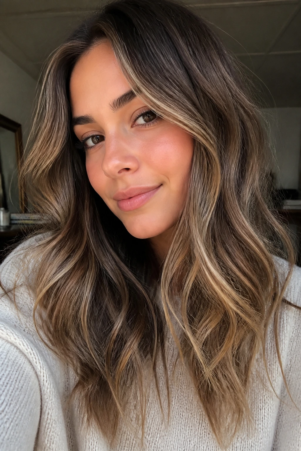 Close-up of a real woman with honey bronde ribbons through mid-lengths