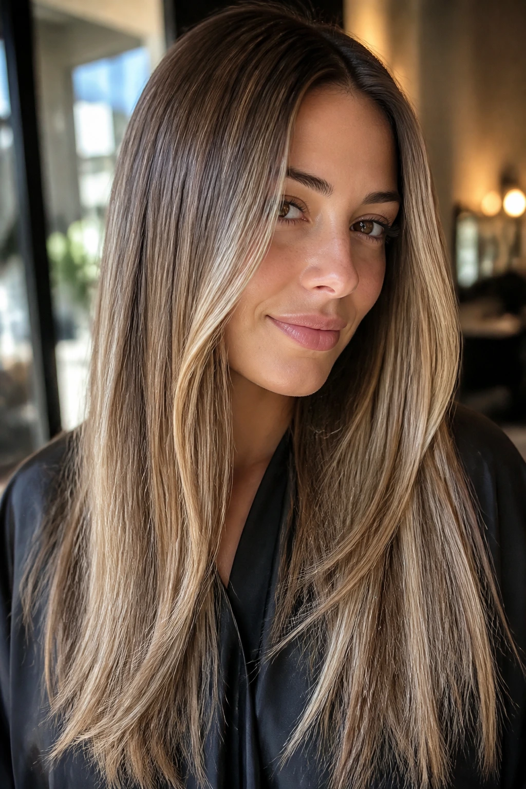 Close-up portrait of a real woman with honey bronde balayage on straight hair in a sunlit salon