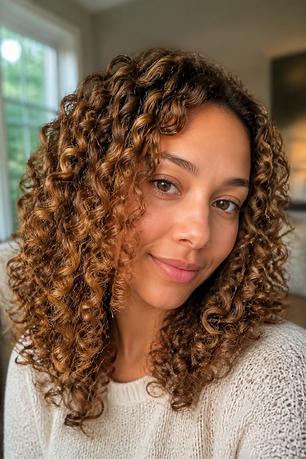 Close-up of honey bronde curls on a real woman