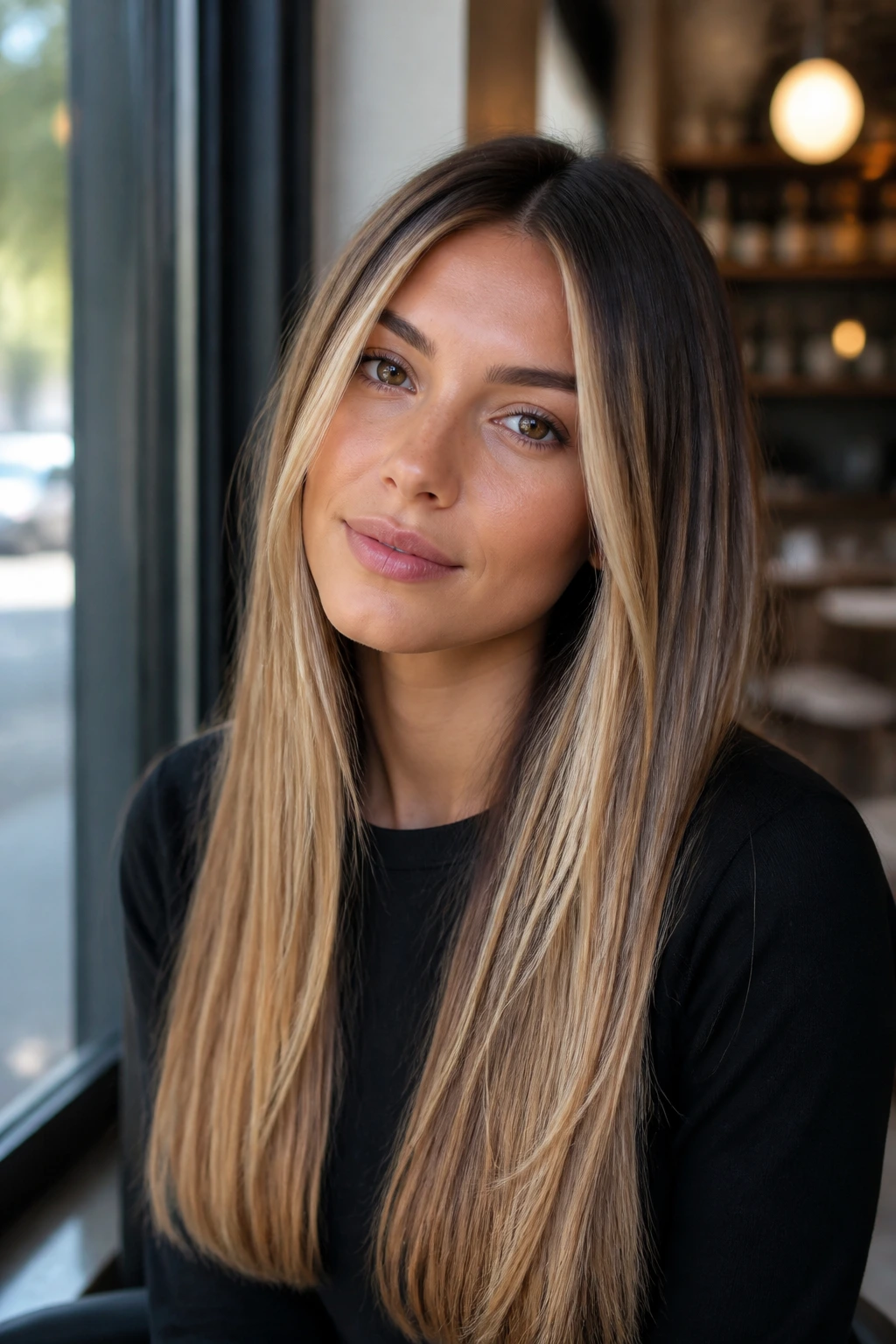 Close-up of a real woman with honey bronde face frame highlights on long straight hair