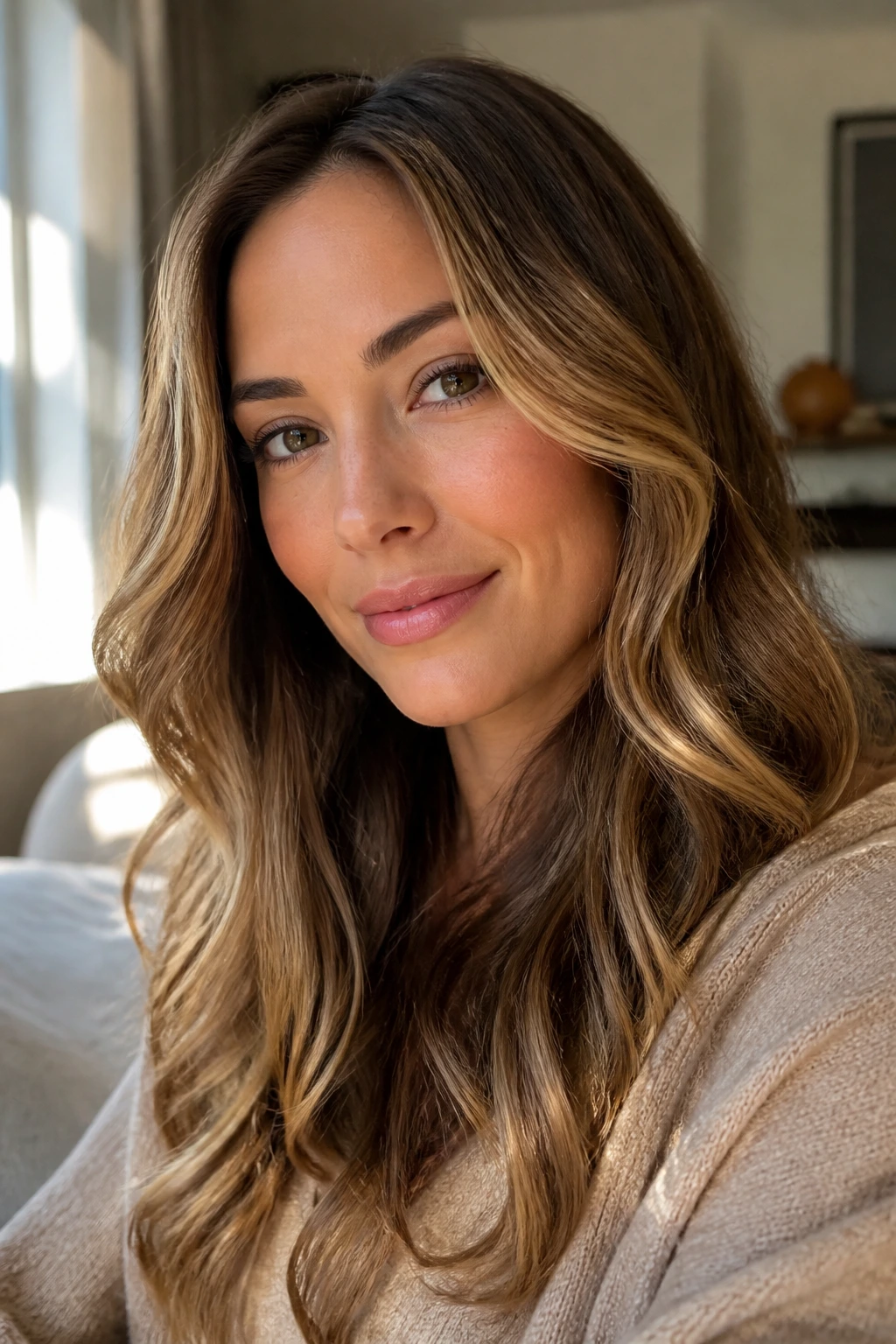 Close-up of a real person with Honey Bronde hair and warm highlights