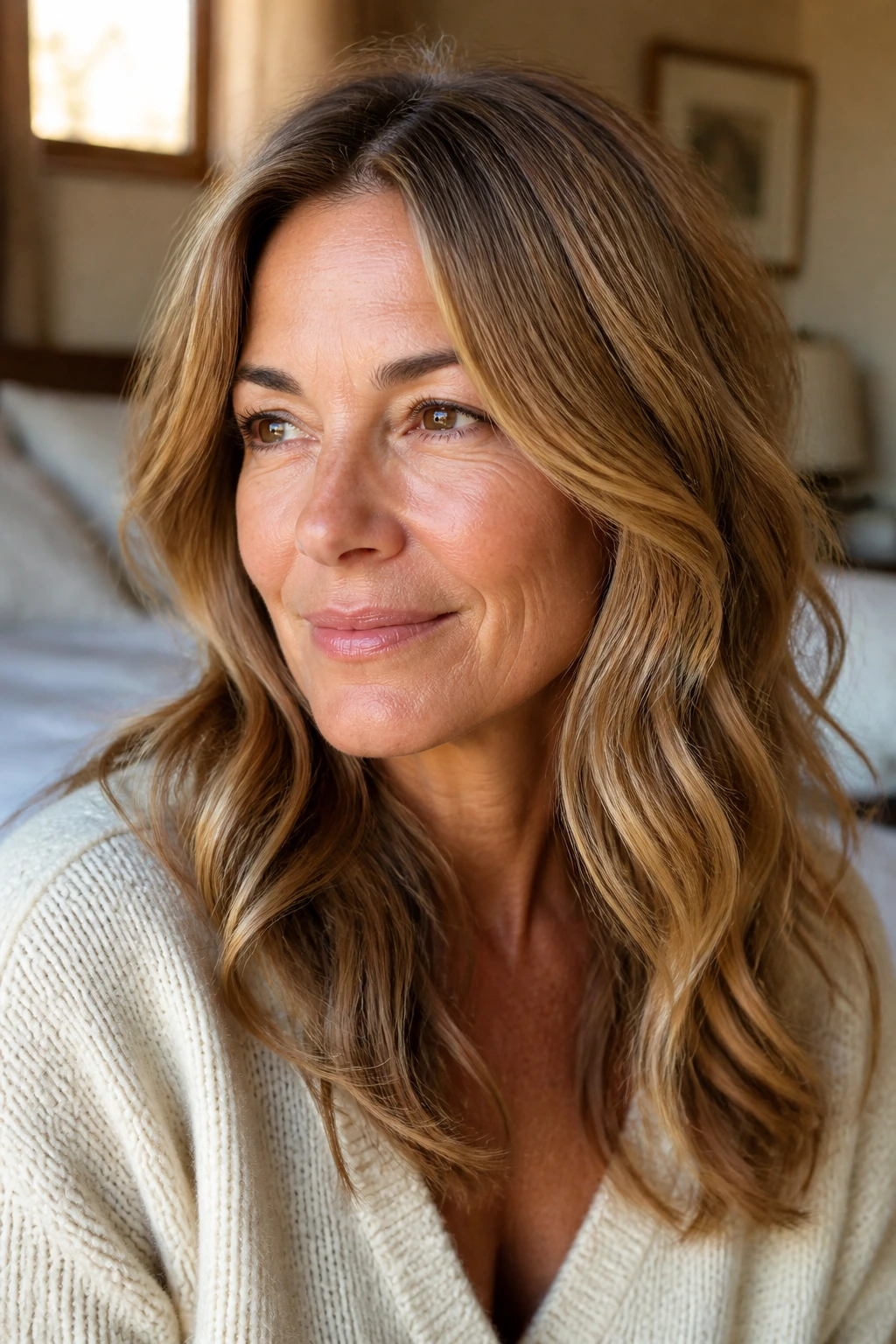 Close-up portrait of a real woman with honey bronde hair in warm window light.