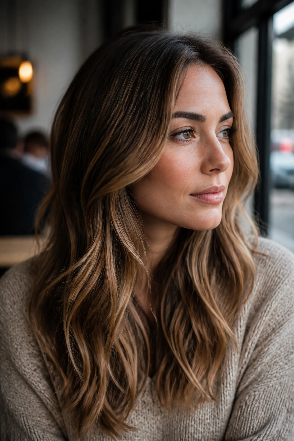 Close-up portrait of a real woman with Honey Bronde hair and warm beige tones