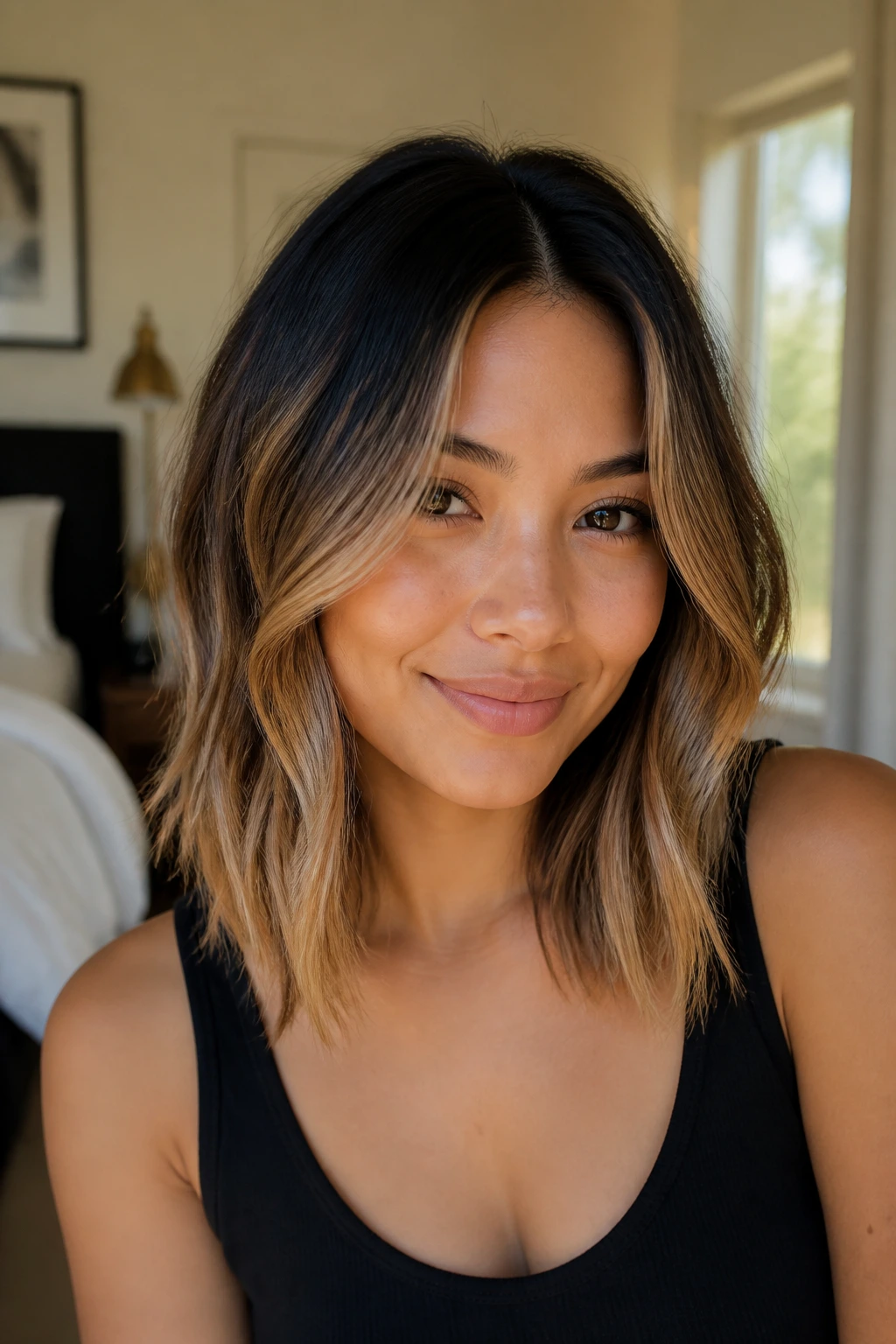 Close-up of a real woman with shoulder-length hair showing dark roots blending into honey-toned ends