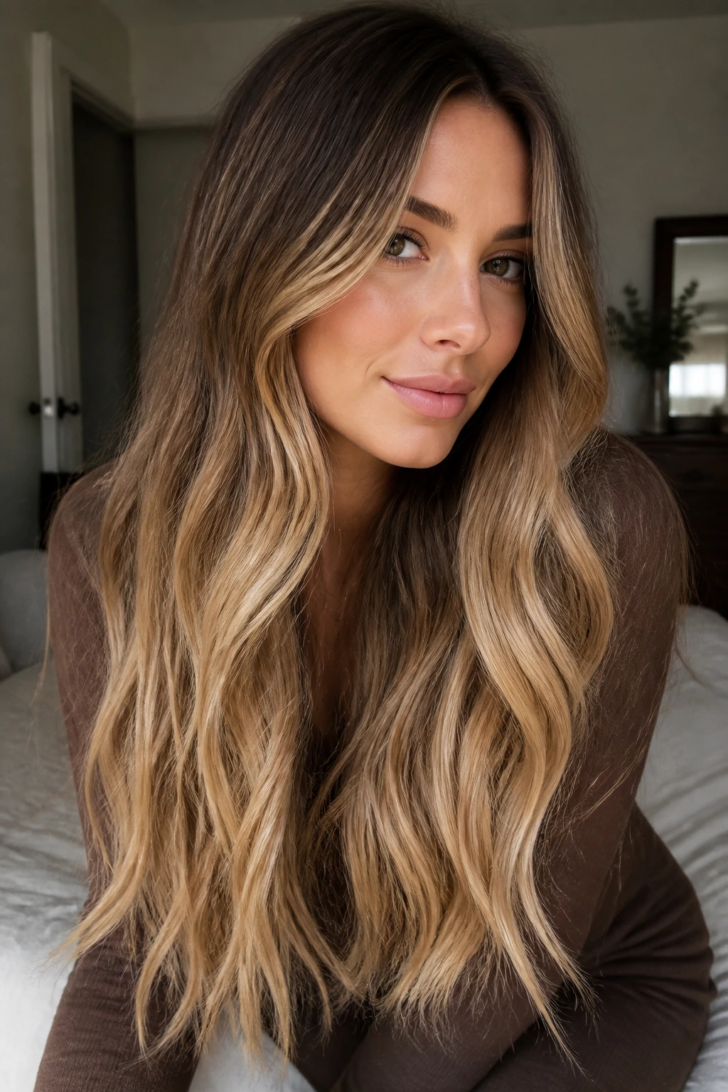 Close-up of a real woman with honey bronde melt: soft root shadow and warm honey-beige mid-lengths.