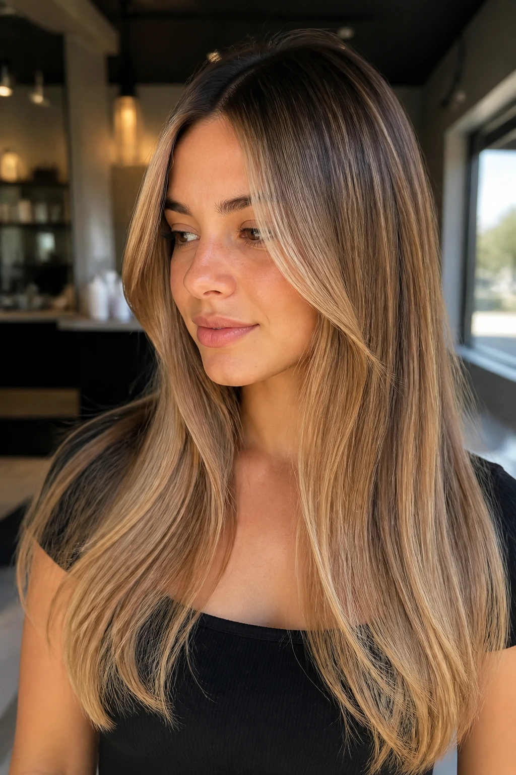 Honey bronde melt with soft face framing on long straight hair